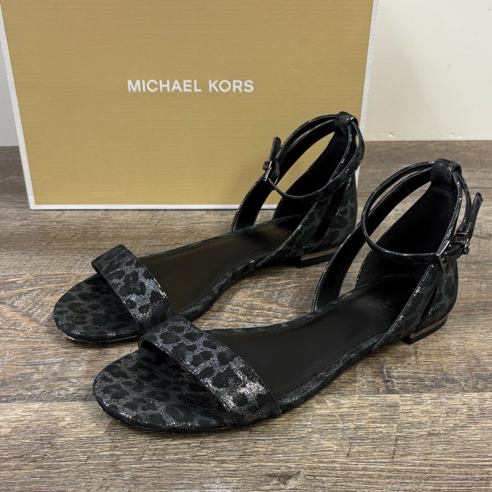 Michael Kors Cardi Flat Sandals – Metallic Leopard (Black/Silver) Women’s US 7.5